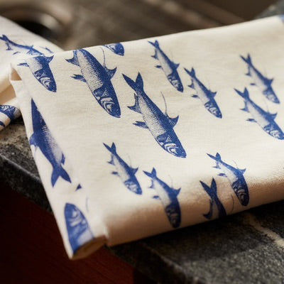 School of Fish Kitchen Towel Set - Blue Fish on White - Detailed Fish - Coastal Compass Home Decor