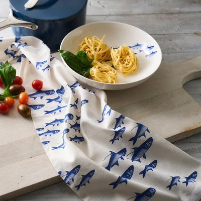 School of Fish Kitchen Towel Set - Blue Fish on White - Detailed Fish - Coastal Compass Home Decor