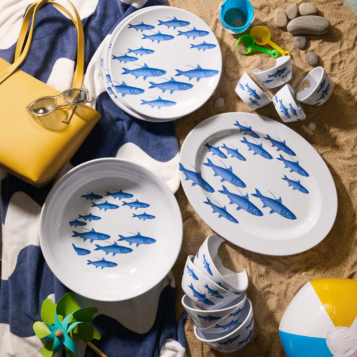 School of Fish Melamine Dinner Plates - 4 white plates with blue school of fish design - Coastal Compass Home Decor