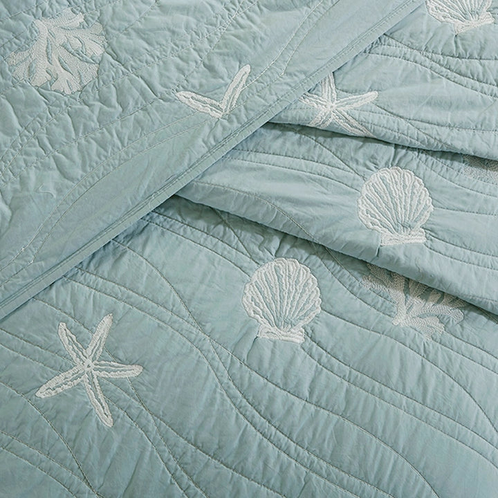 Sea Blue Shells 4-Piece Coverlet Set - Light Blue/Teal with white Seashells - Wavelike stitching - Lightweight - Coastal Compass Home Decor