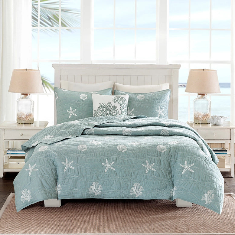 Sea Blue Shells 4-Piece Coverlet Set - Light Blue/Teal with white Seashells - Wavelike stitching - Lightweight - Coastal Compass Home Decor