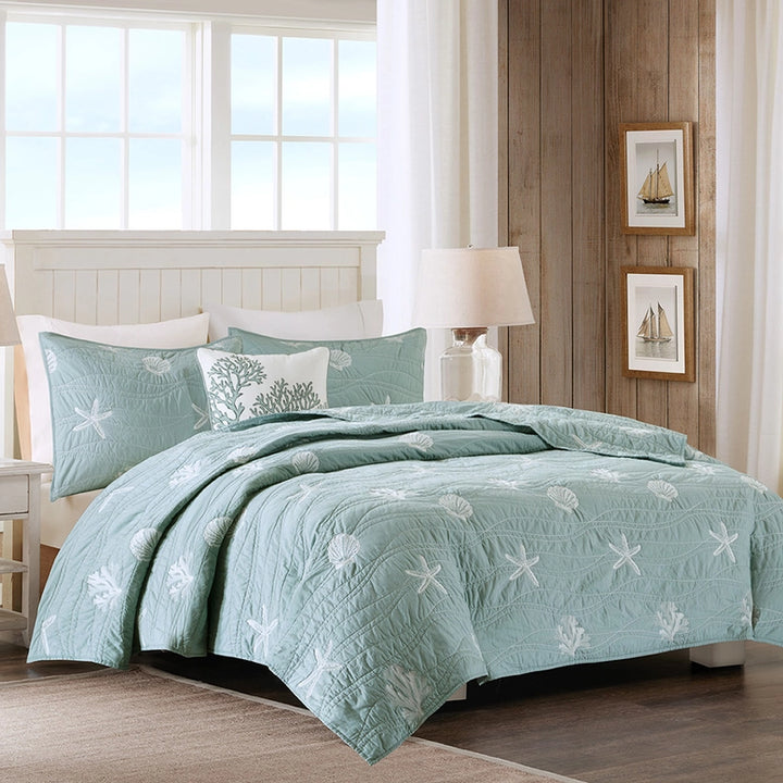 Sea Blue Shells 4-Piece Coverlet Set - Light Blue/Teal with white Seashells - Wavelike stitching - Lightweight - Coastal Compass Home Decor