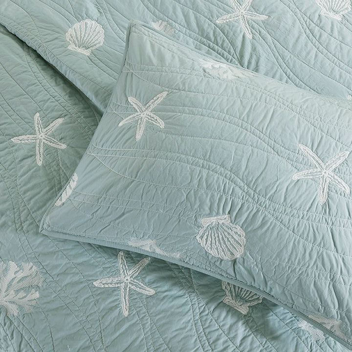 Sea Blue Shells 4-Piece Coverlet Set & Shams - Light Blue/Teal with white Seashells - Wavelike stitching - Lightweight - Coastal Compass Home Decor