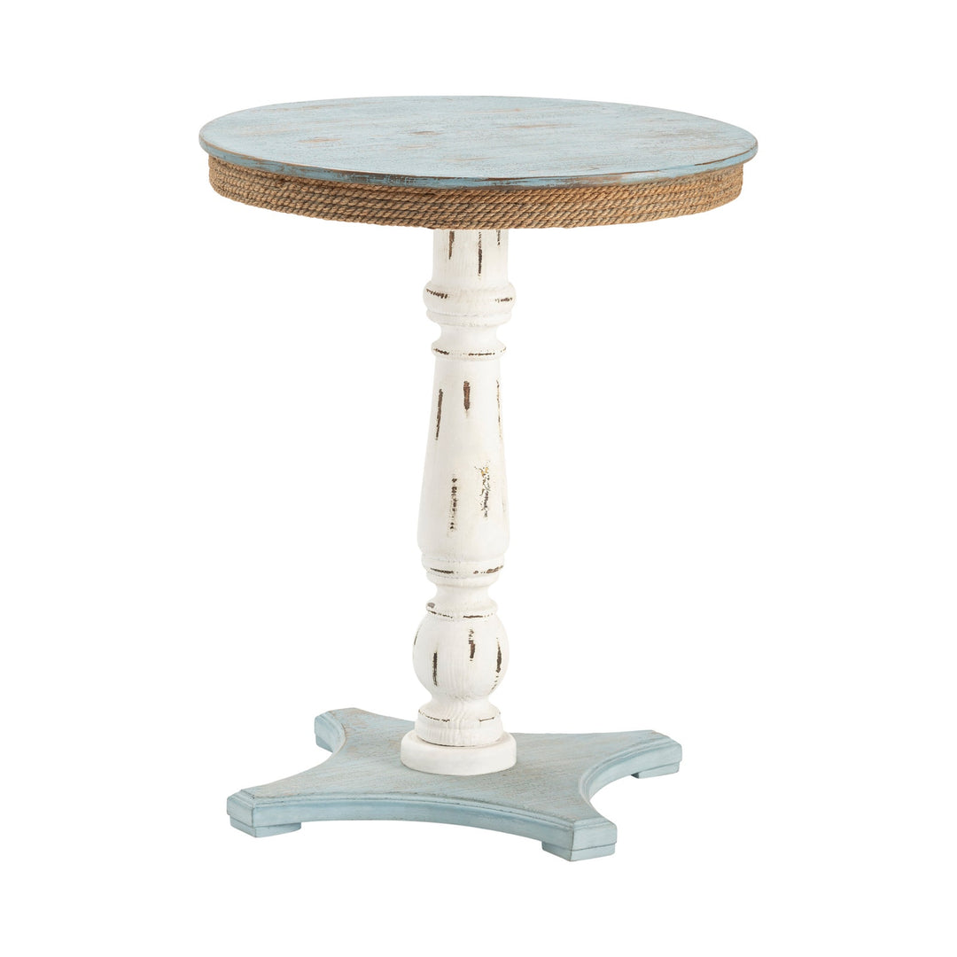 Blue and White accent table with round top and rope detailing