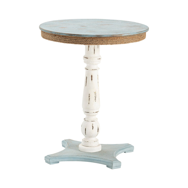 Blue and White accent table with round top and rope detailing