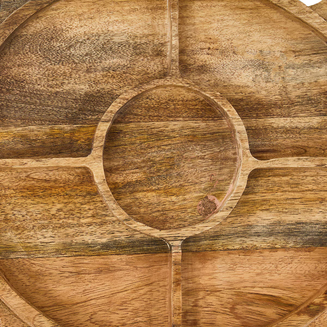 Close-up of a wooden serving tray with 5 sections