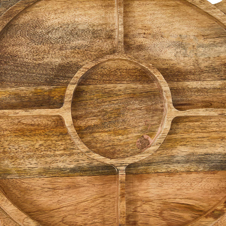 Close-up of a wooden serving tray with 5 sections