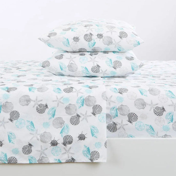 Microfiber Seashell Sheet Set - Microfiber - Blue, Grey & White Seashells - 4 Piece Set - Coastal Compass Home Decor