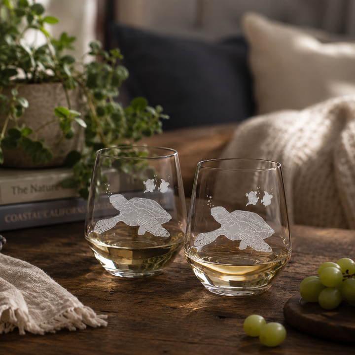 Sea Turtle Crystal Sand Carved Stemless Wine Glasses