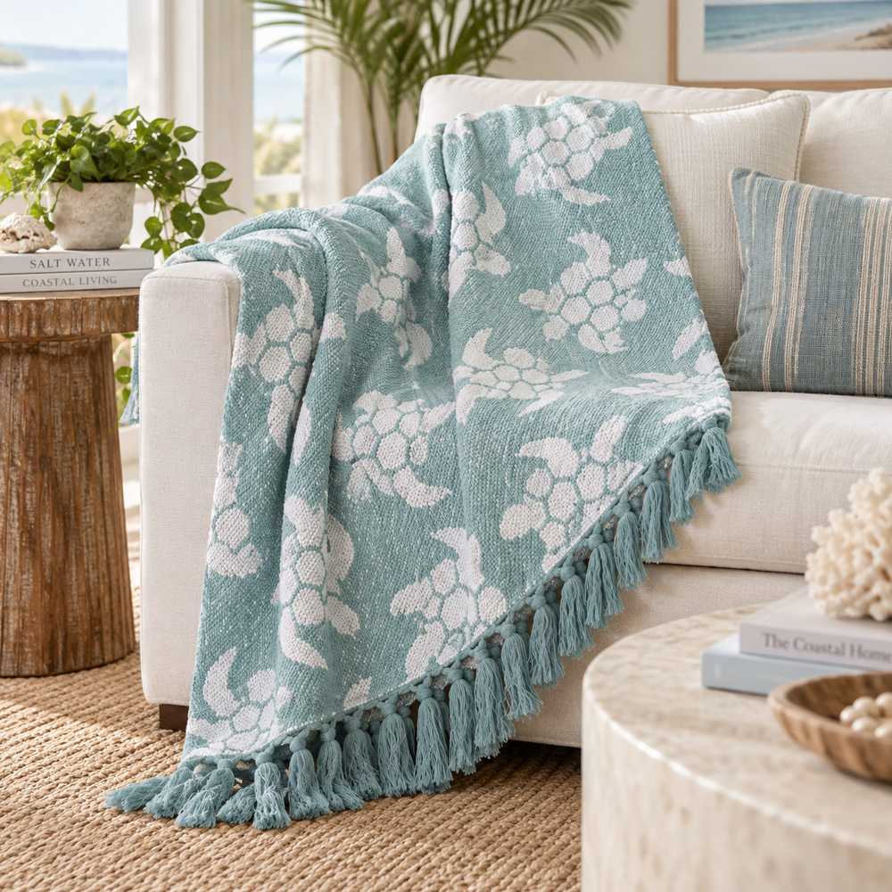 A textured throw blanket with a white sea turtle pattern and fringed tassels, draped over a cream-colored sofa in a bright, modern living room.