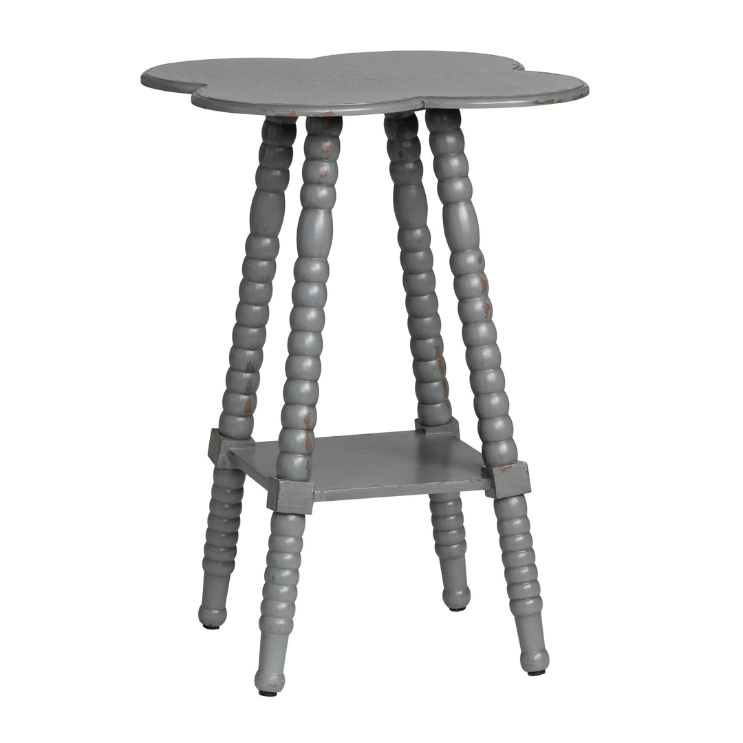 Gray side table with scalloped edges and spiral legs on a white background