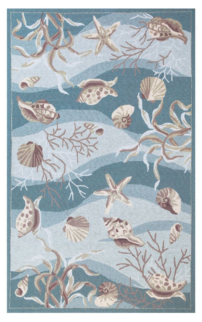 Seafoam Shells Rug - Blue & White - tan & White seashells, coral & starfish - Coastal Compass Home decor