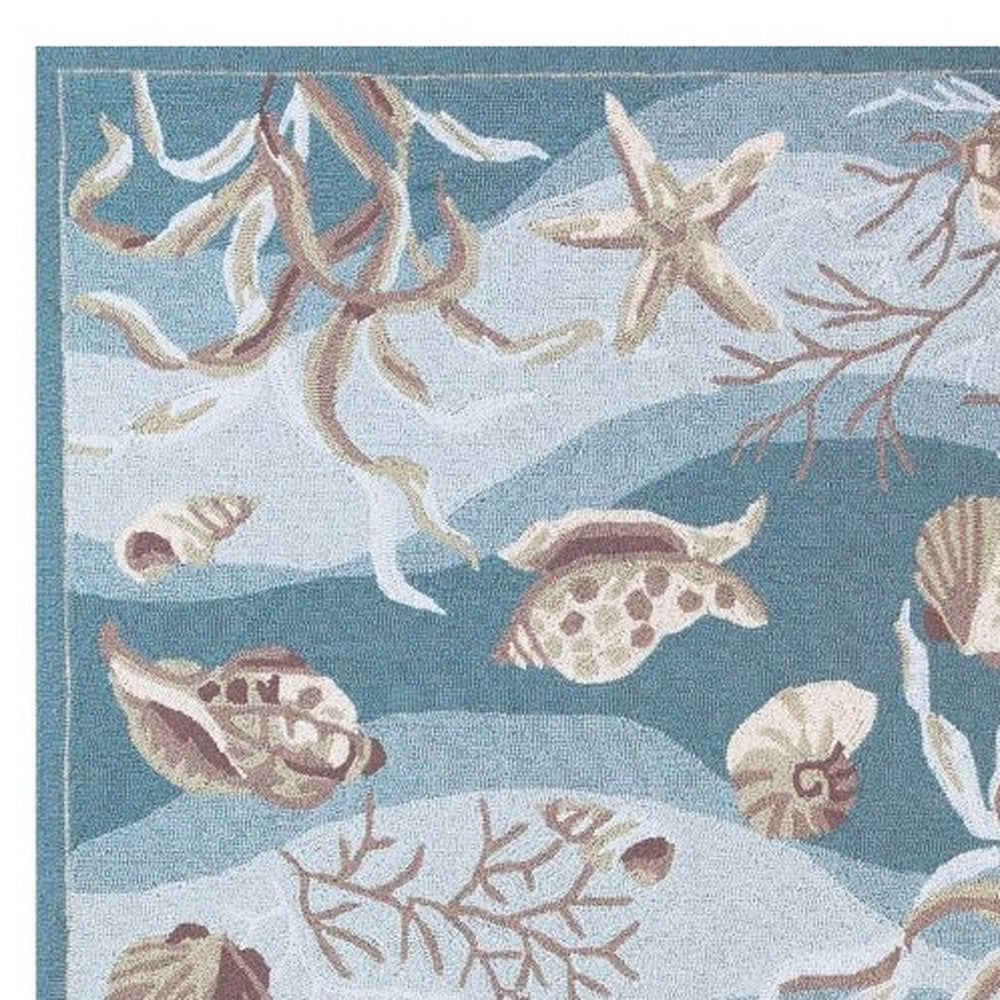 Seafoam Shells Rug - Blue & White - tan & White seashells, coral & starfish - Coastal Compass Home decor