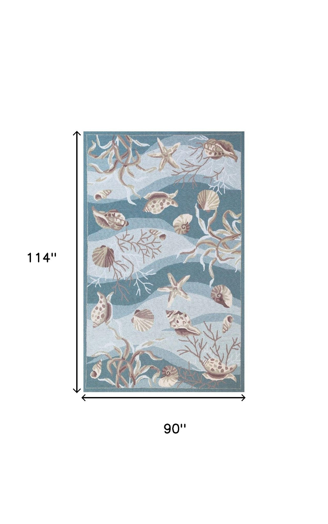 Seafoam Shells Rug - Blue & White - tan & White seashells, coral & starfish -  114" x 90" dimensions - Coastal Compass Home decor