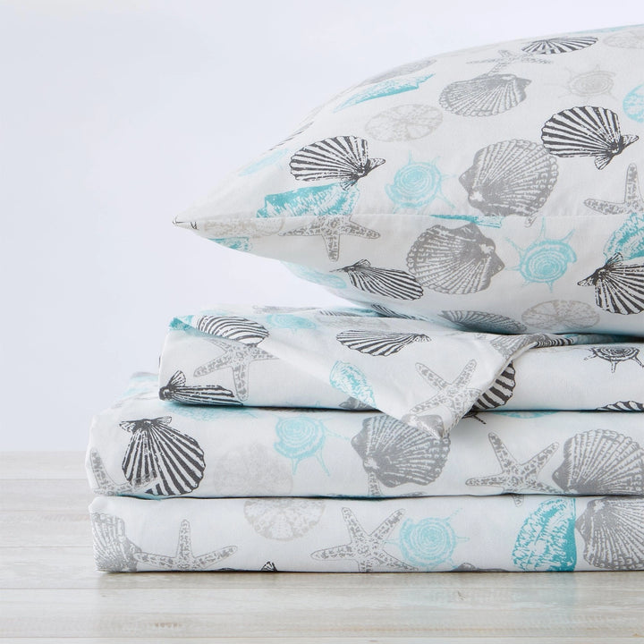 Microfiber Seashell Sheet Set - Microfiber - Blue, Grey & White Seashells - 4 Piece Set - Coastal Compass Home Decor