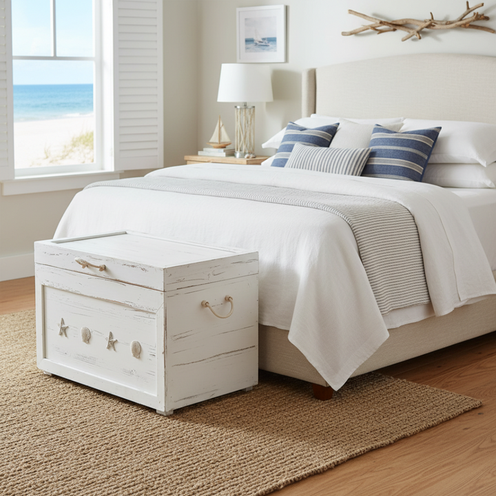 White distressed coastal storage trunk with carved seashell and starfish accents placed at the foot of a neutral bed in a bright beach-inspired bedroom with ocean view window.
