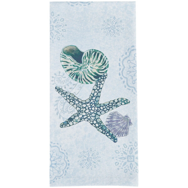 Dish towel with starfish and shell design on a light blue patterned background