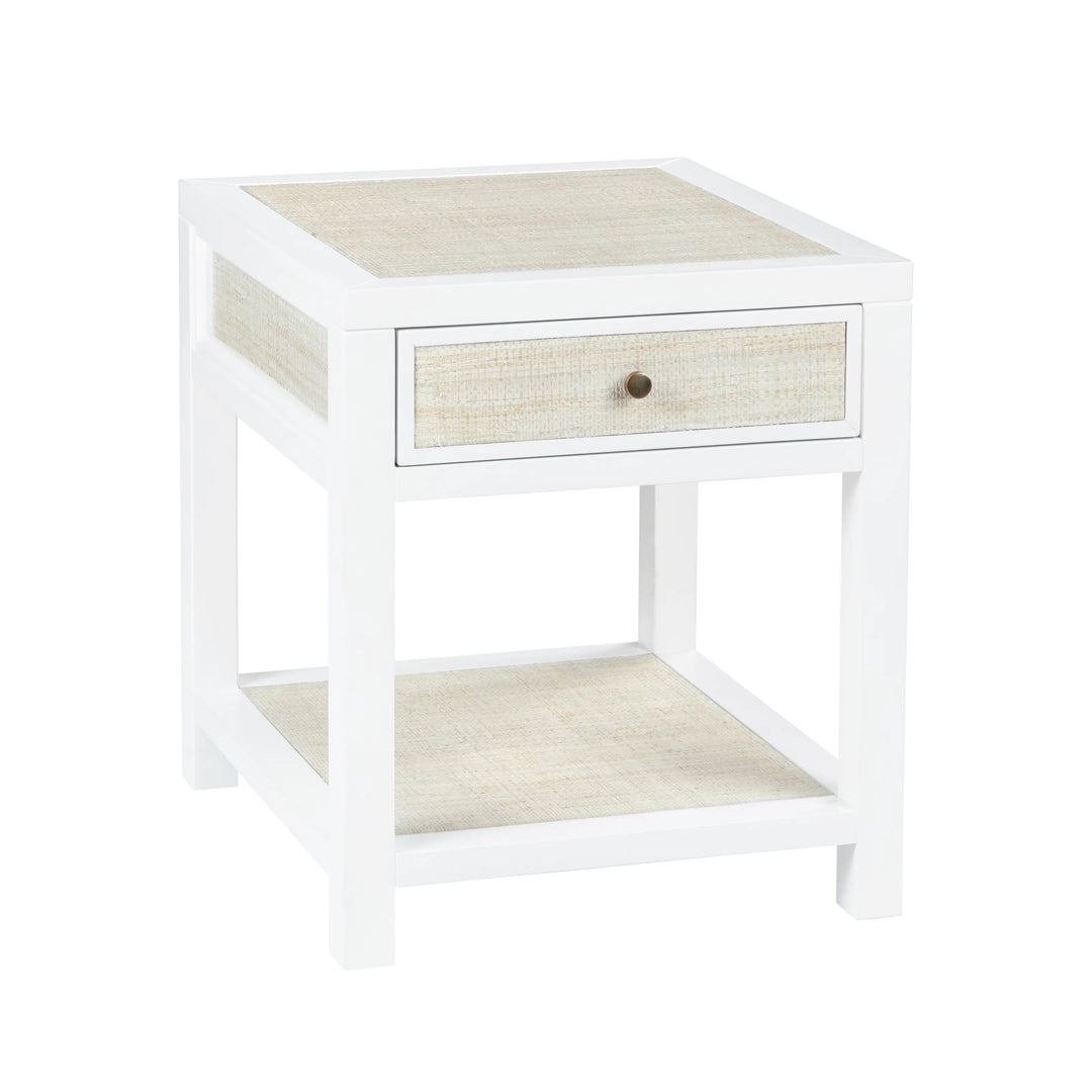 Sea to Shore End Table - White painted finish - Rattan detail - single drawer - Coastal Compass Home Decor