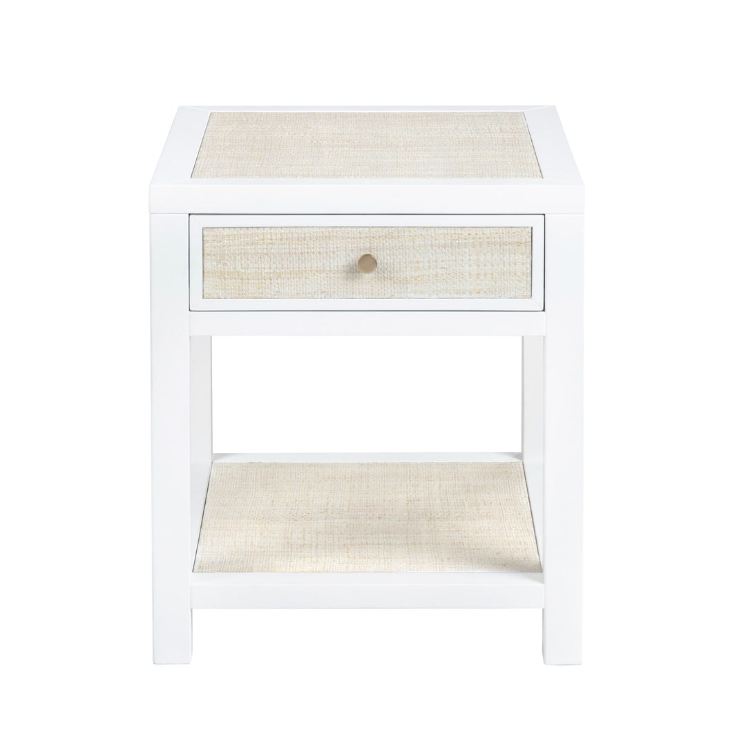 Sea to Shore End Table - White painted finish - Rattan detail - single drawer - Coastal Compass Home Decor