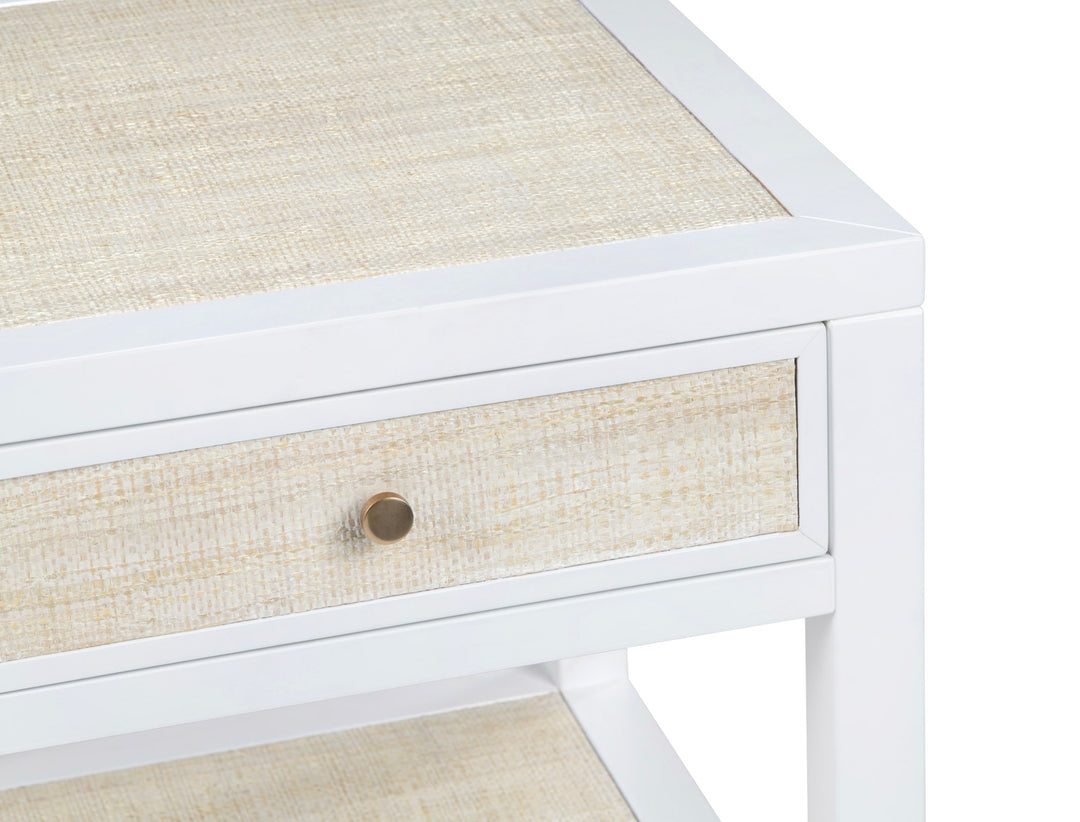 Sea to Shore End Table - White painted finish - Rattan detail - single drawer - Coastal Compass Home Decor