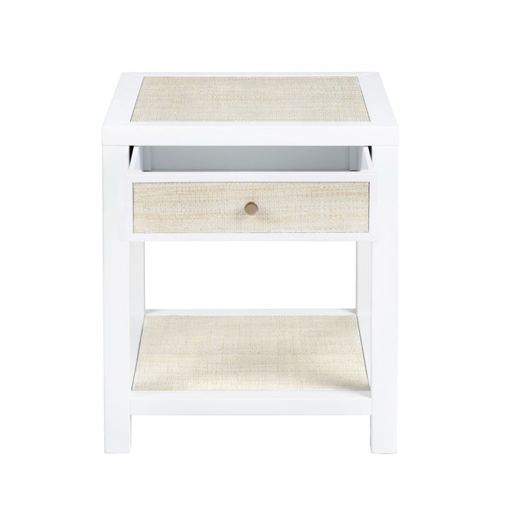 Sea to Shore End Table - White painted finish - Rattan detail - single drawer - Coastal Compass Home Decor