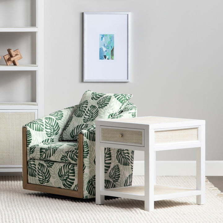 Sea to Shore End Table - White painted finish - Rattan detail - single drawer - Coastal Compass Home Decor