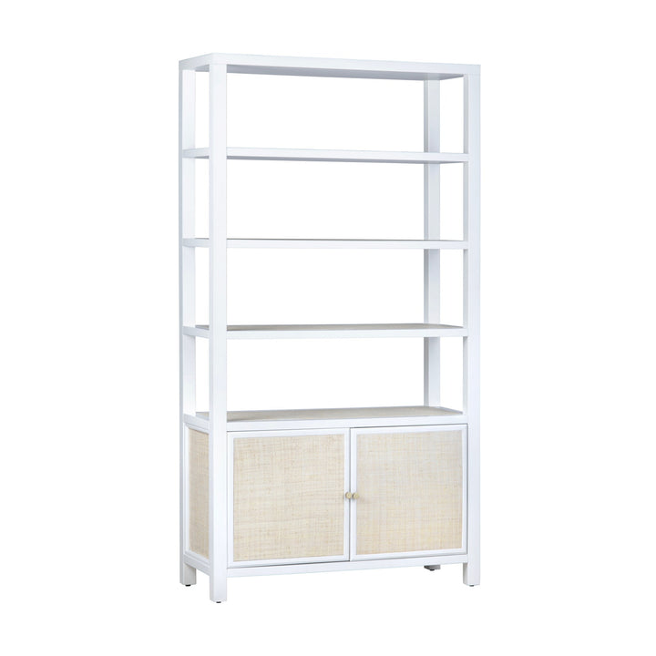 Sea to Shore Etagere - White & Rattan - 2 cabinet doors & 4 shelves above - Coastal Compass Home Decor