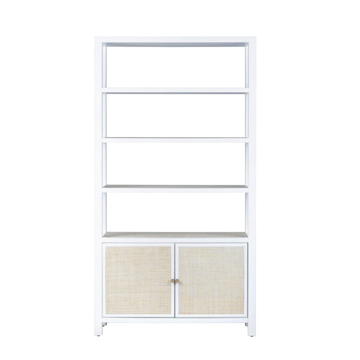 Sea to Shore Etagere - White & Rattan - 2 cabinet doors & 4 shelves above - Coastal Compass Home Decor