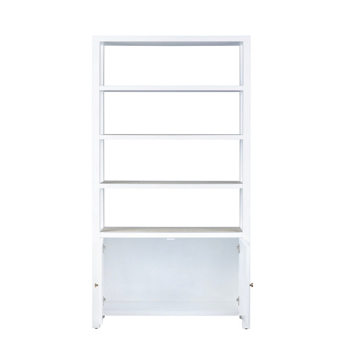 Sea to Shore Etagere - White & Rattan - 2 cabinet doors & 4 shelves above - Coastal Compass Home Decor