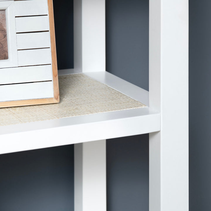 Sea to Shore Etagere - White & Rattan - 2 cabinet doors & 4 shelves above - Coastal Compass Home Decor