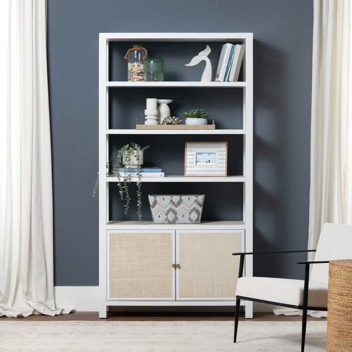 Sea to Shore Etagere - White & Rattan - 2 cabinet doors & 4 shelves above - Coastal Compass Home Decor