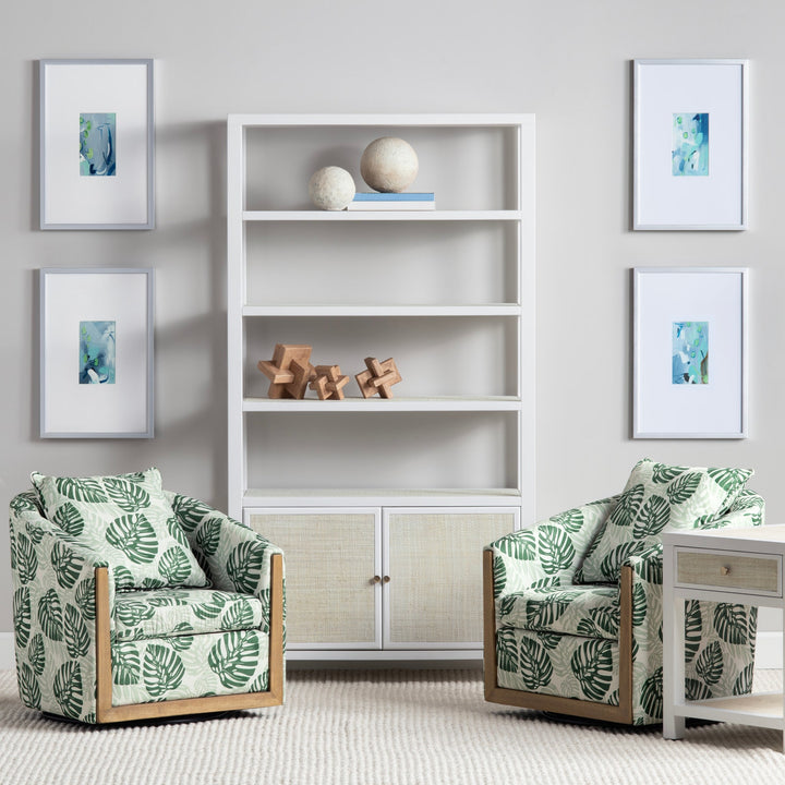 Sea to Shore Etagere - White & Rattan - 2 cabinet doors & 4 shelves above - Coastal Compass Home Decor