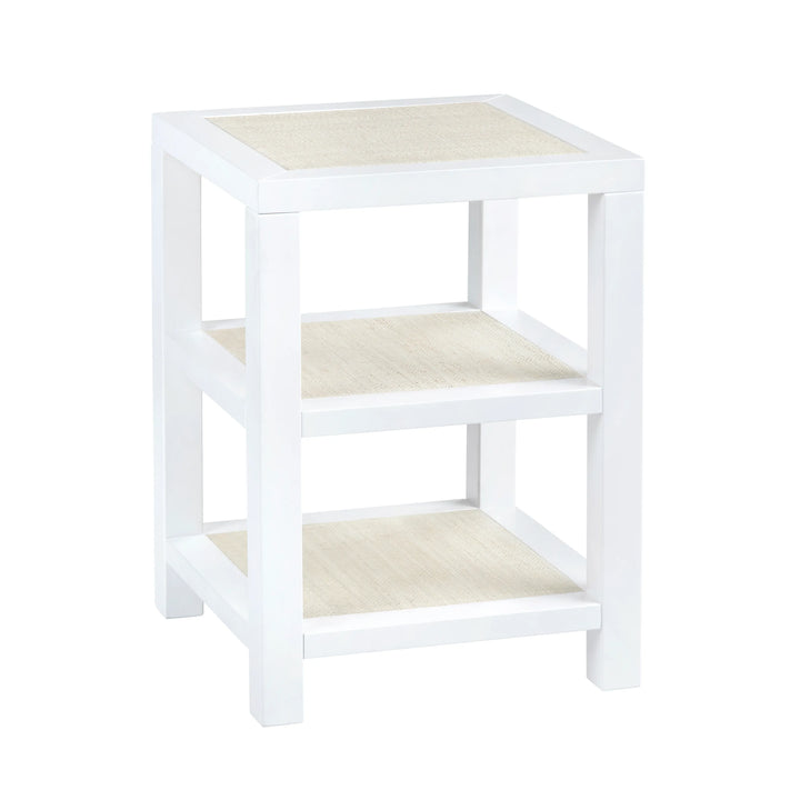 Sea to Shore Side Table - White painted finish - Rattan detail shelves - Square Table - Coastal Compass Home Decor