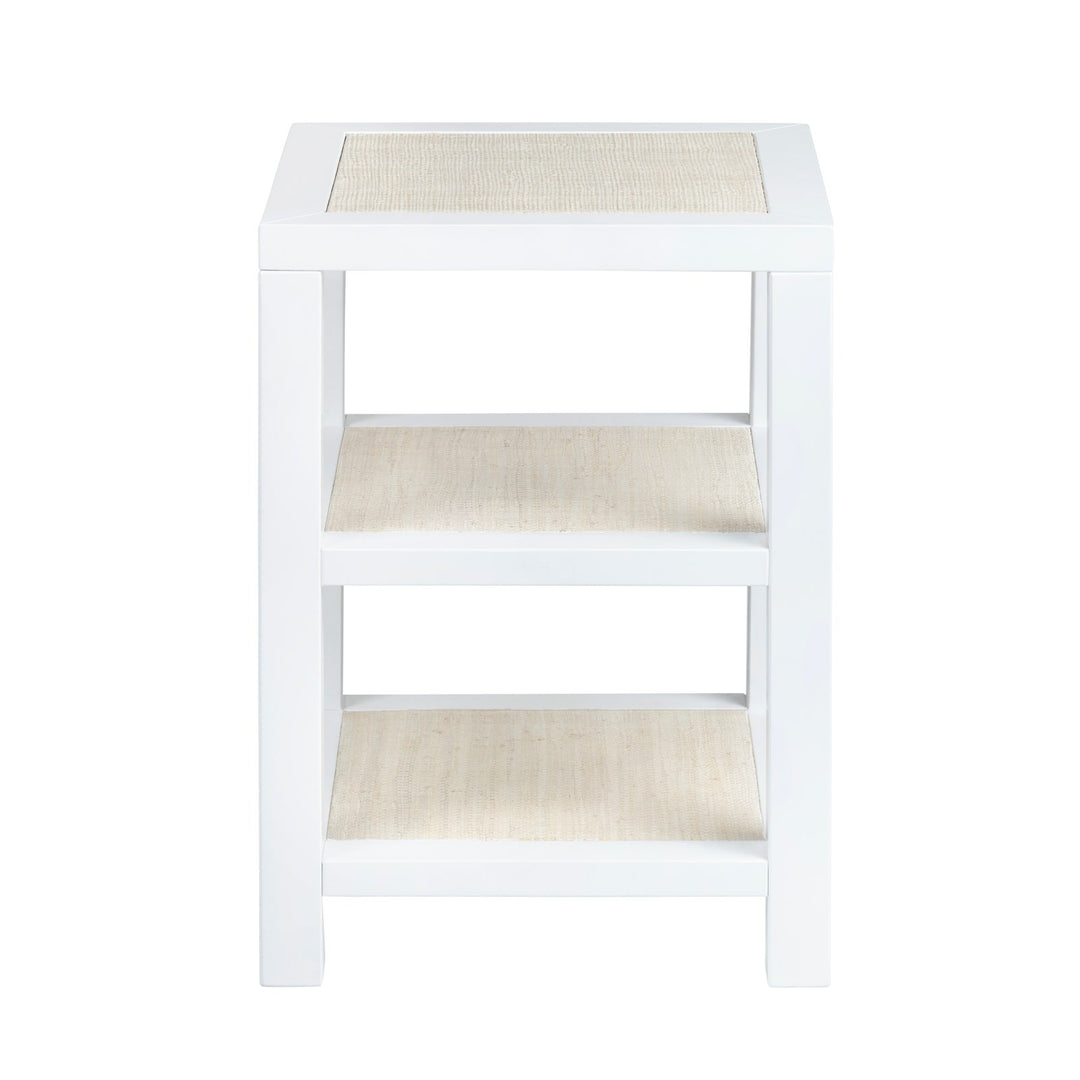 Sea to Shore Side Table - White painted finish - Rattan detail shelves - Square Table - Coastal Compass Home Decor