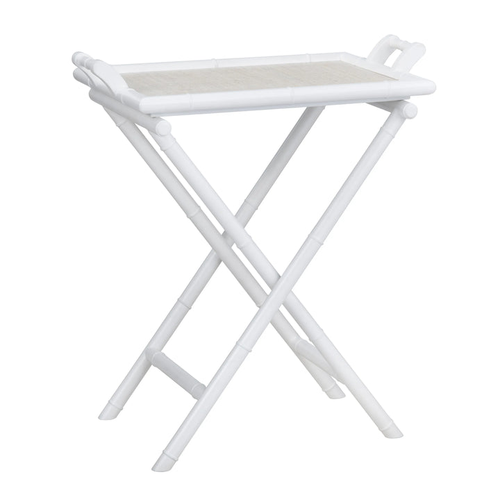 Sea to Shore Tray Table - White painted finish - Rattan Inset - Removable top tray - Coastal Compass Home Decor