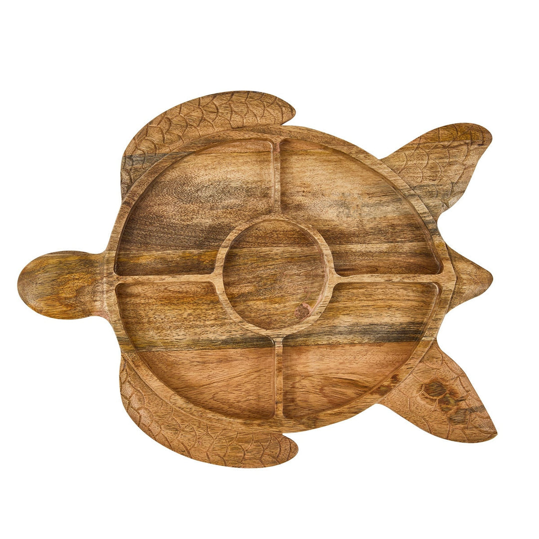 A wooden turtle-shaped serving platter with carved compartments, shown from a top-down view on a solid white background.