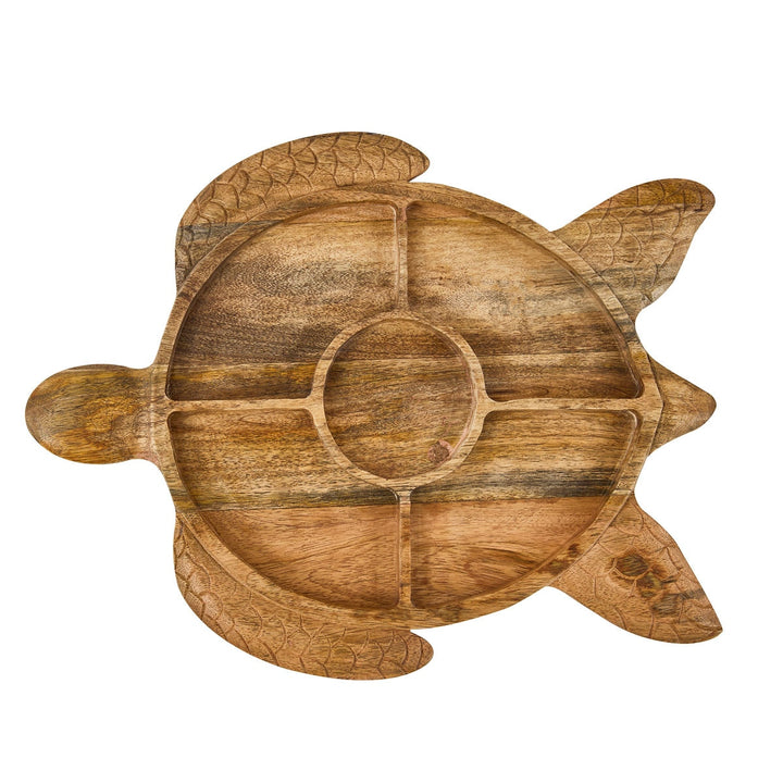 A wooden turtle-shaped serving platter with carved compartments, shown from a top-down view on a solid white background.