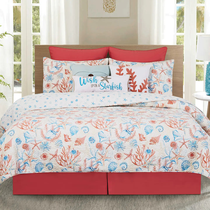 Shell Shores Reversible Quilt Set - Seashells, Coral, Starfish - White & Blue reverse - Pink blue & White - Coastal Compass Home Decor