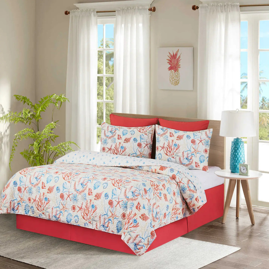 Shell Shores Reversible Quilt Set - Seashells, Coral, Starfish - White & Blue reverse - Pink blue & White - Coastal Compass Home Decor