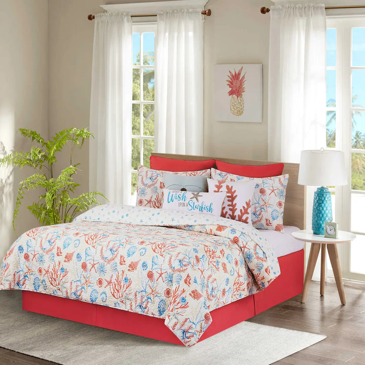 Shell Shores Reversible Quilt Set - Seashells, Coral, Starfish - White & Blue reverse - Pink blue & White - Coastal Compass Home Decor