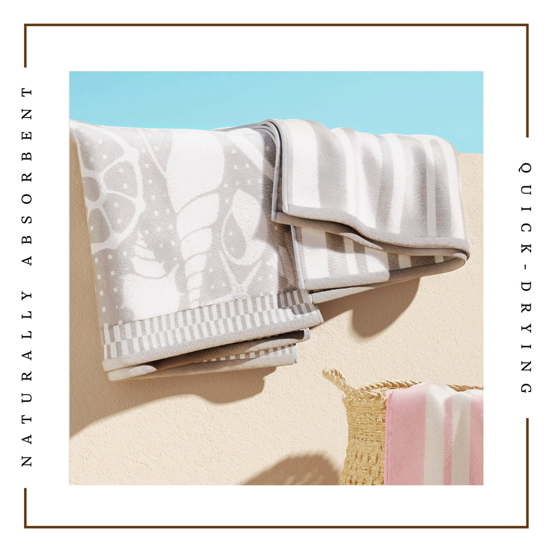 Shells & Stripes Cotton Velour Beach Towel Pack - White Seashells on grey towel - matching white & grey stripes - Coastal Compass Home Decor