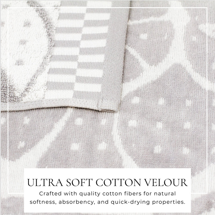 Shells & Stripes Cotton Velour Beach Towel Pack - White Seashells on grey towel - matching white & grey stripes - Coastal Compass Home Decor