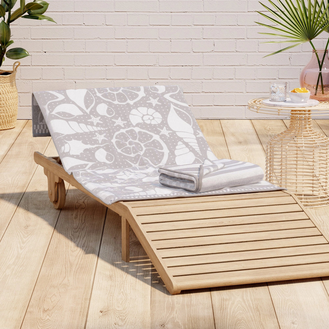 Shells & Stripes Cotton Velour Beach Towel Pack - White Seashells on grey towel - matching white & grey stripes - Coastal Compass Home Decor
