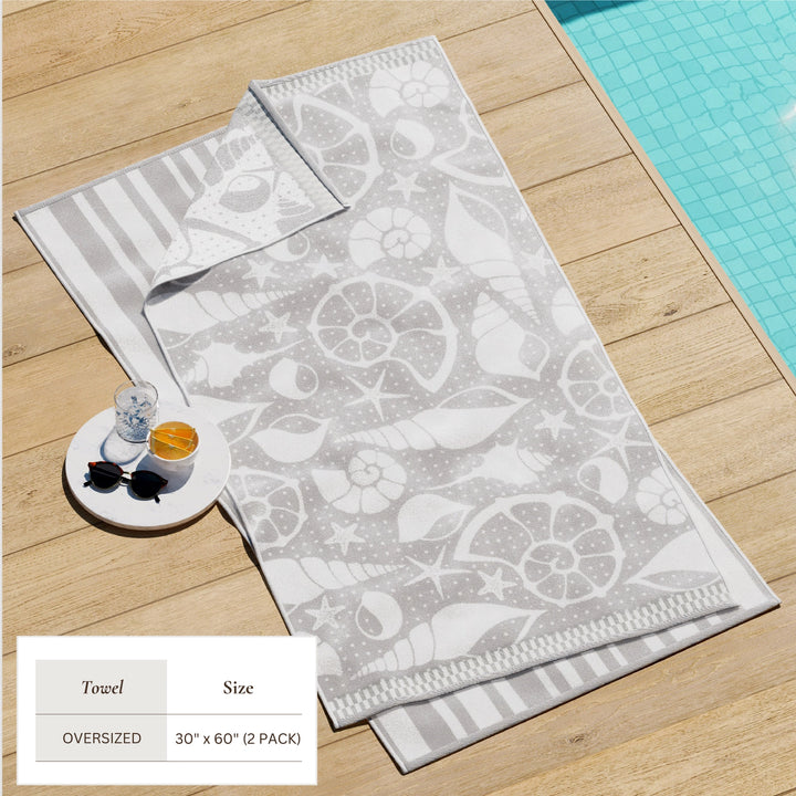 Shells & Stripes Cotton Velour Beach Towel Pack - White Seashells on grey towel - matching white & grey stripes - Coastal Compass Home Decor