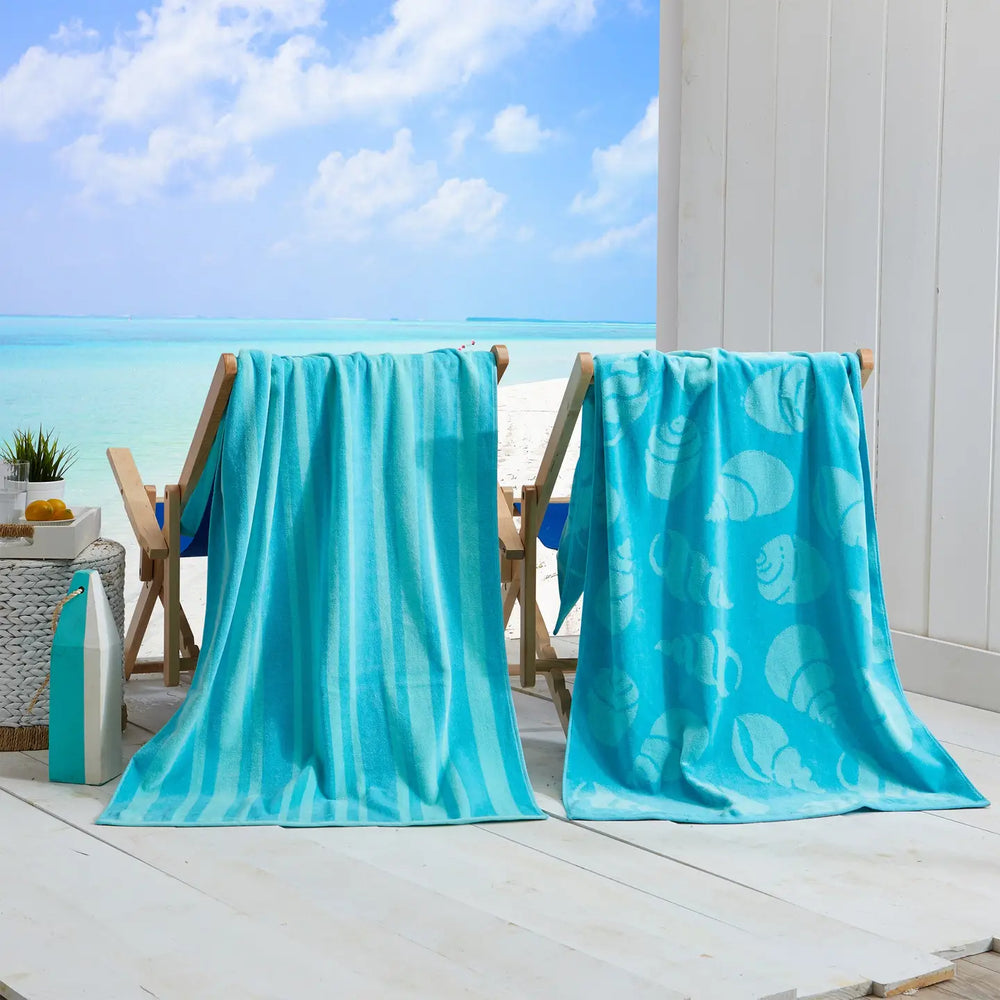 Shells & Stripes Cotton Velour Beach Towel Pack Turquoise - Seashell design - blue & turquoise stripe design - Coastal Compass Home Decor