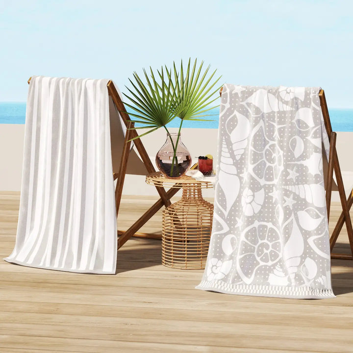 Shells & Stripes Cotton Velour Beach Towel Pack - White Seashells on grey towel - matching white & grey stripes - Coastal Compass Home Decor