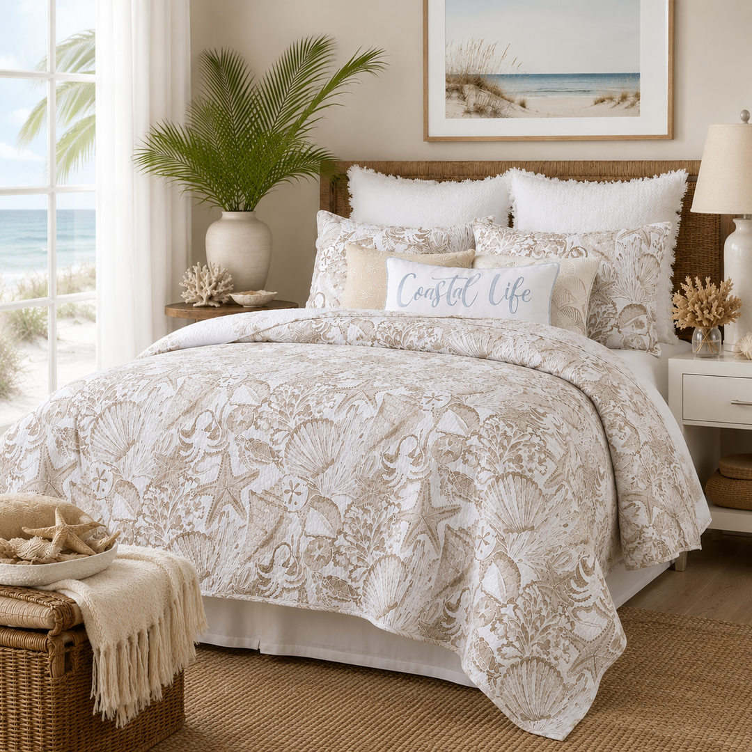 Coastal bedroom featuring the Shoreline Treasures Quilt Set with seashell, coral, starfish, and sea life motifs in soft sandy beige and ivory tones with coordinating reversible coral print bedding.