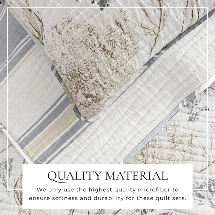 Close-up of Shoreline Meadows quilt sets with text about quality material