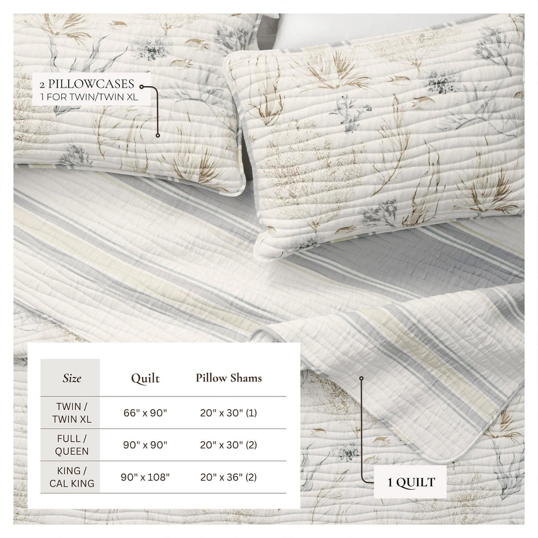 Shoreline Meadows Quilt and pillowcases with size chart on a white background