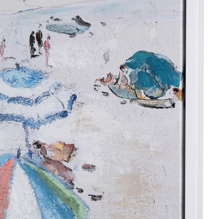 Artistic depiction of people and umbrellas on a textured surface